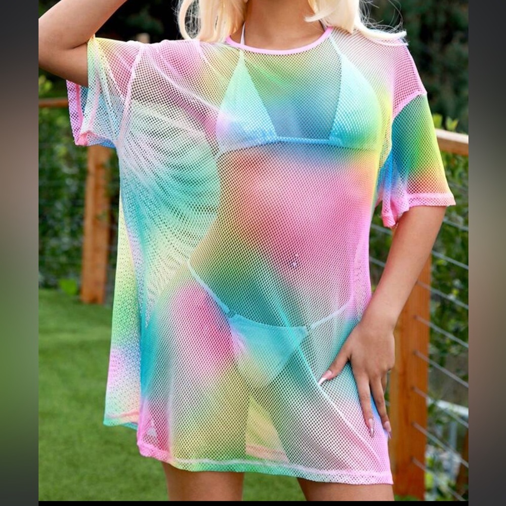 Rainbow Mesh Short Sleeve Top Dress | Size 1XL